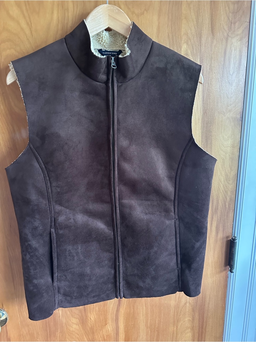 Lands' End Dark Brown Suede-Look Zip Vest with Cream Sherpa Trim and lining